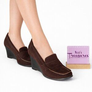Y2K Highlights Brown Faux Suede Slip On 3.5" Wedge High Heel Penny Loafer Sz 10